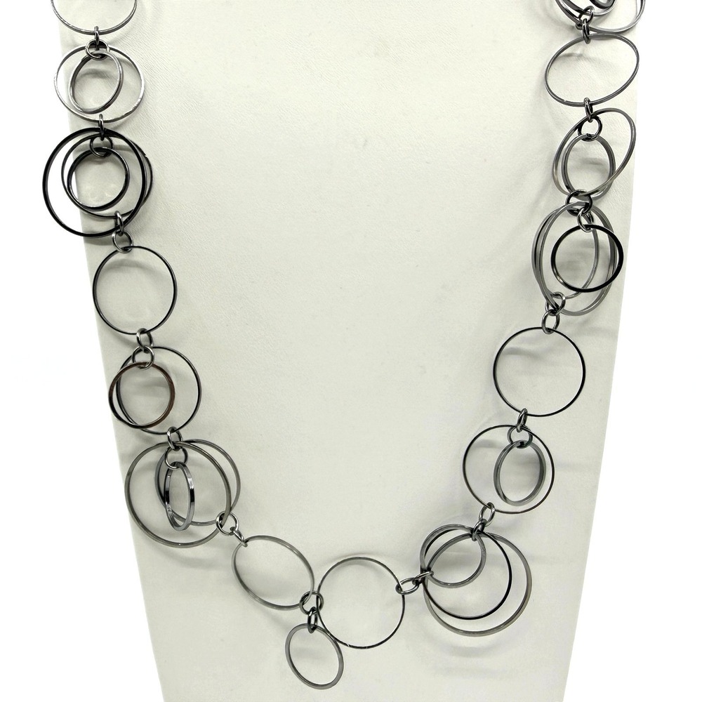 Vintage Gunmetal Tone Interlocking Circle Link Necklace Modernist Geometric 90s